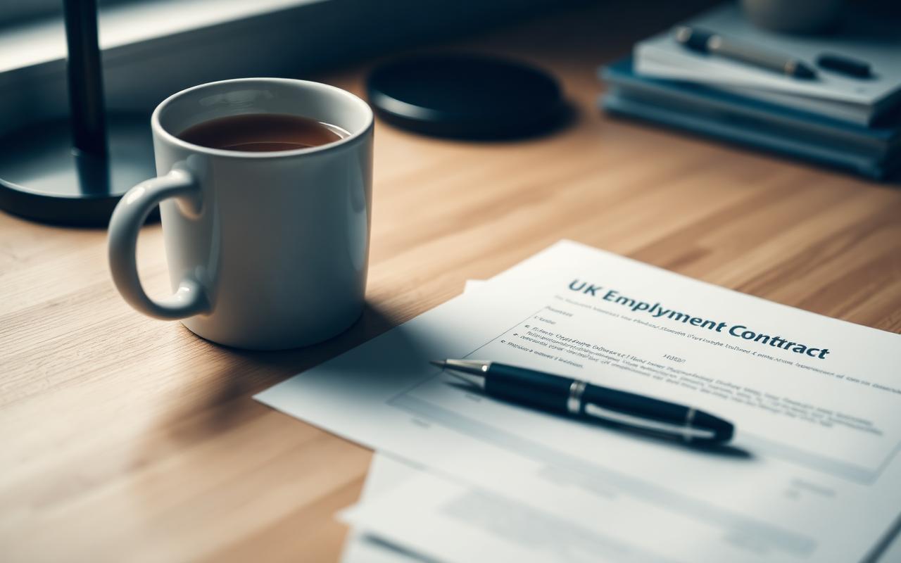 A UK employment contract and a pen on a wooden desk beside a mug of tea
